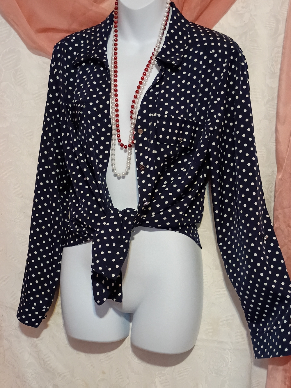 Adrienne Vittadini Ladies Navy & White Polka Dot Button Down Blouse Sz M